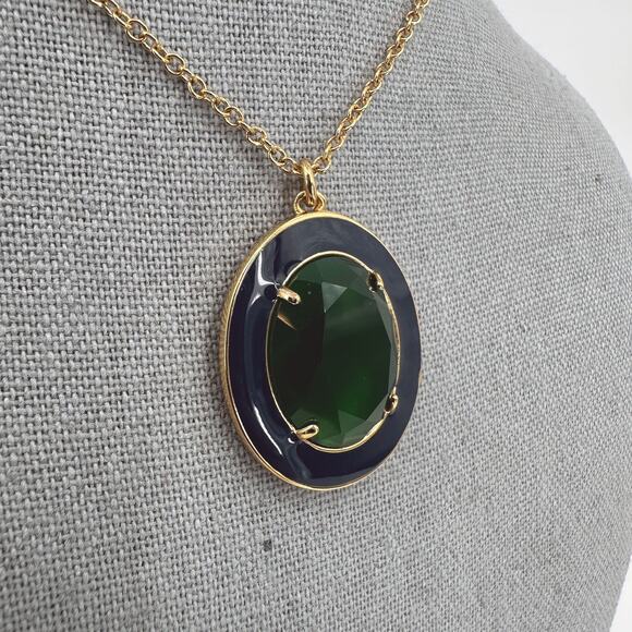 J Crew Crystal Enamel Long Pendant Necklace Green Oval Rhinestone Blue Enamel - Picture 2 of 11